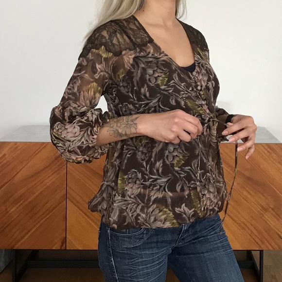 BCBG Max Azria Brown Chiffon Floral Top - Picture 2 of 7